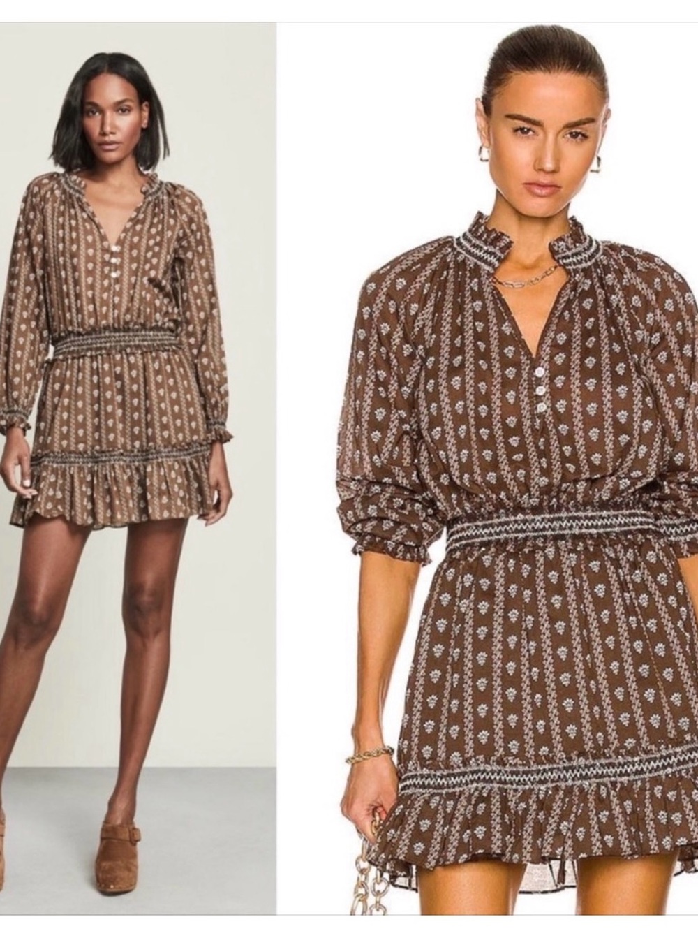 Veronica Beard Brown Printed Smocked-Waist Ruffle Mini Dress